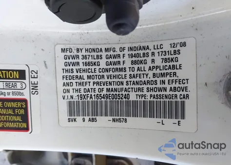 2009 Honda Civic Lx из США, поврежденный, VIN 19XFA16549E005240